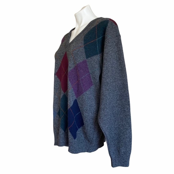 L.L. BEAN * Vintage Mens Argyle V-Neck Wool Charcoal Gray Sweater Size M Tall - Picture 5 of 7